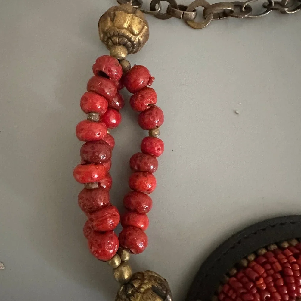Chicos Red Beaded Leather Medallion Belt Turquoise Accents Boho S/M
